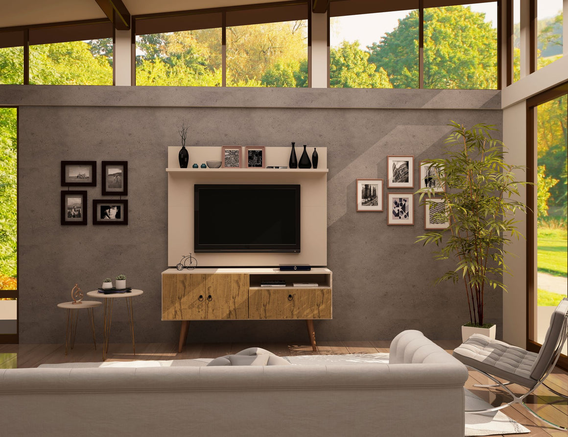 Tribeca 53.94 Mid-Century Modern TV Stand and Panel with Media and Display Shelves in Off White and Nature