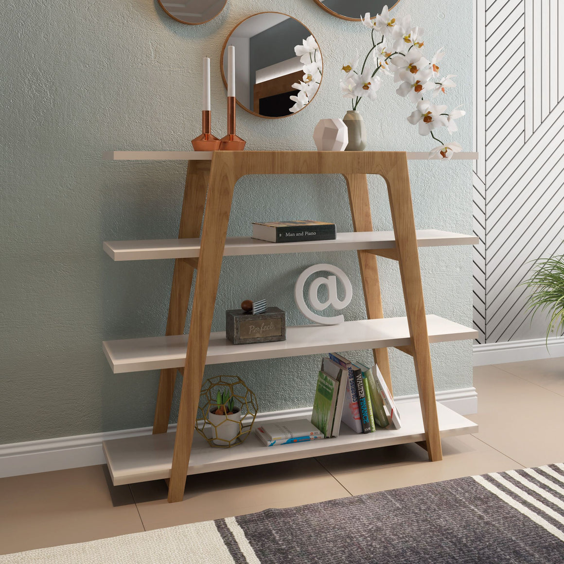 Gowanus Geometric 47.24 Modern Ladder Bookcase with 4 Shelves in Off White