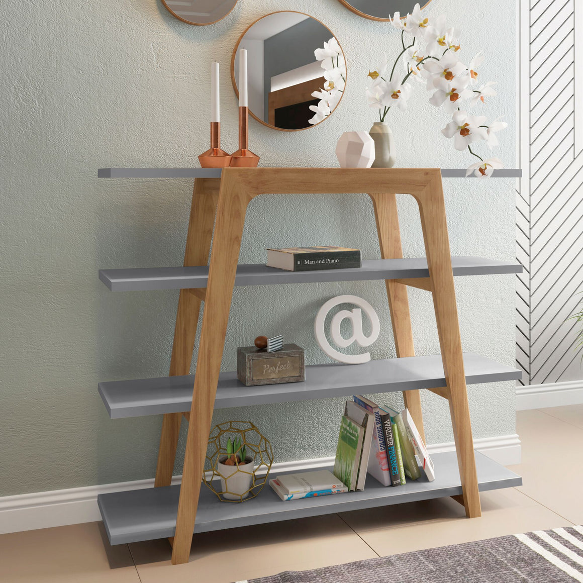Gowanus Geometric 47.24 Modern Ladder Bookcase with 4 Shelves in Grey