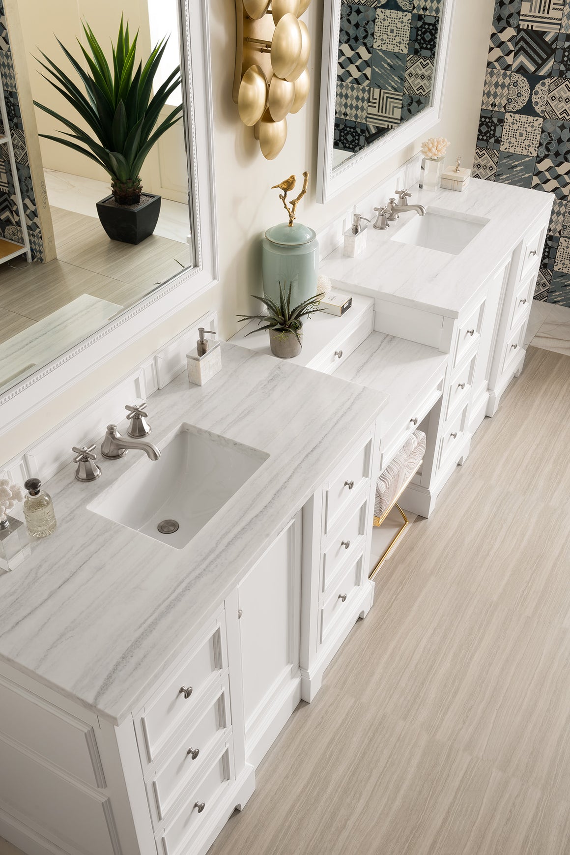 De Soto 118" Double Vanity Set, Bright White with Makeup Table, 3 CM Arctic Fall Solid Surface Top