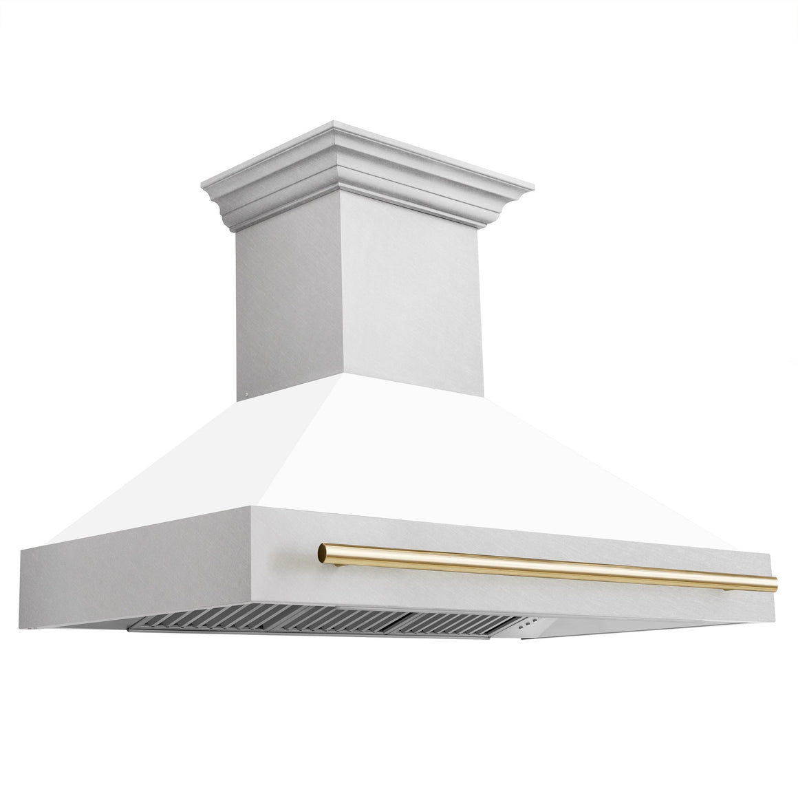 ZLINE 48" Autograph Edition DuraSnow® Stainless Steel Range Hood with White Matte Shell and Gold Handle (8654SNZ-WM48-G)