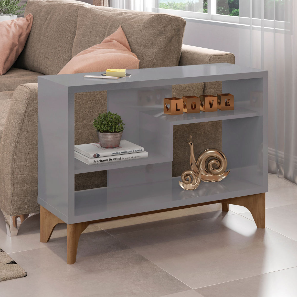 Gowanus Modern Accent Display Sideboard with 2 Shelves in Grey