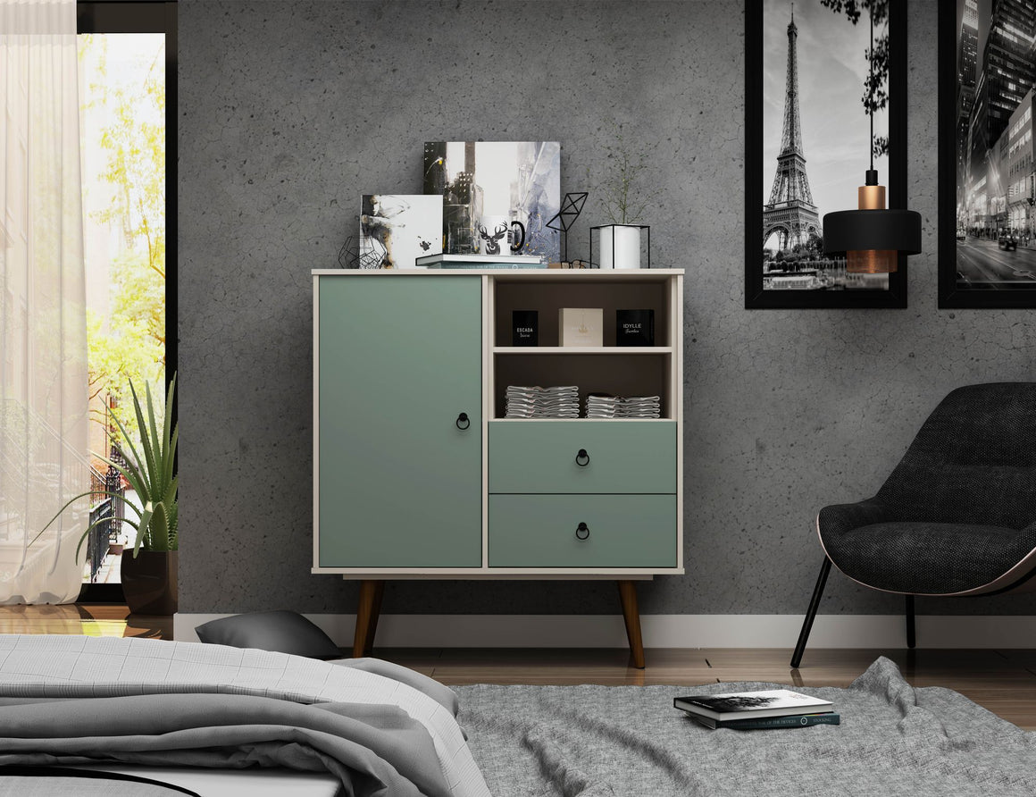 Tribeca Mid-Century- Modern Dresser with 2-Drawers in Off White and Green Mint