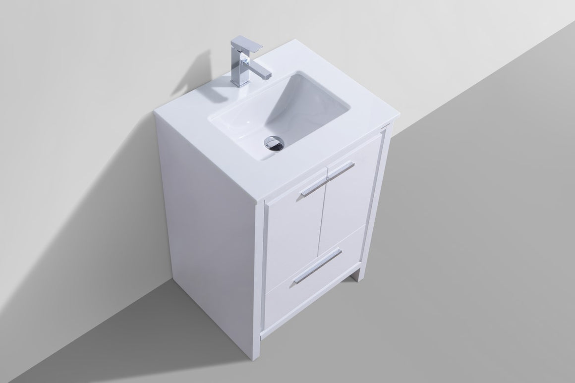 KubeBath Dolce 24″ High Gloss White Modern Bathroom Vanity with White Quartz Counter-Top