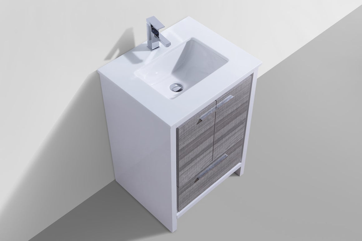 KubeBath Dolce 24″ Ash Gray Modern Bathroom Vanity with White Quartz Counter-Top