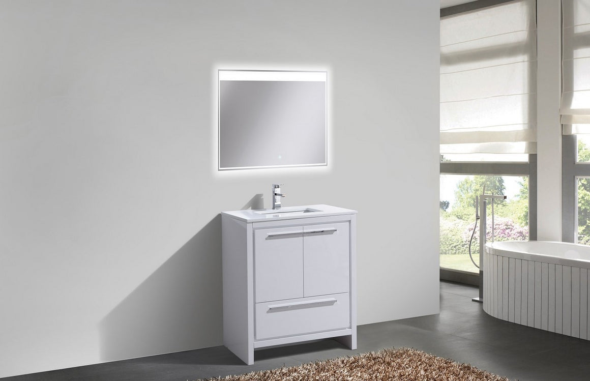 KubeBath Dolce 30″ High Gloss White Modern Bathroom Vanity with White Quartz Counter-Top