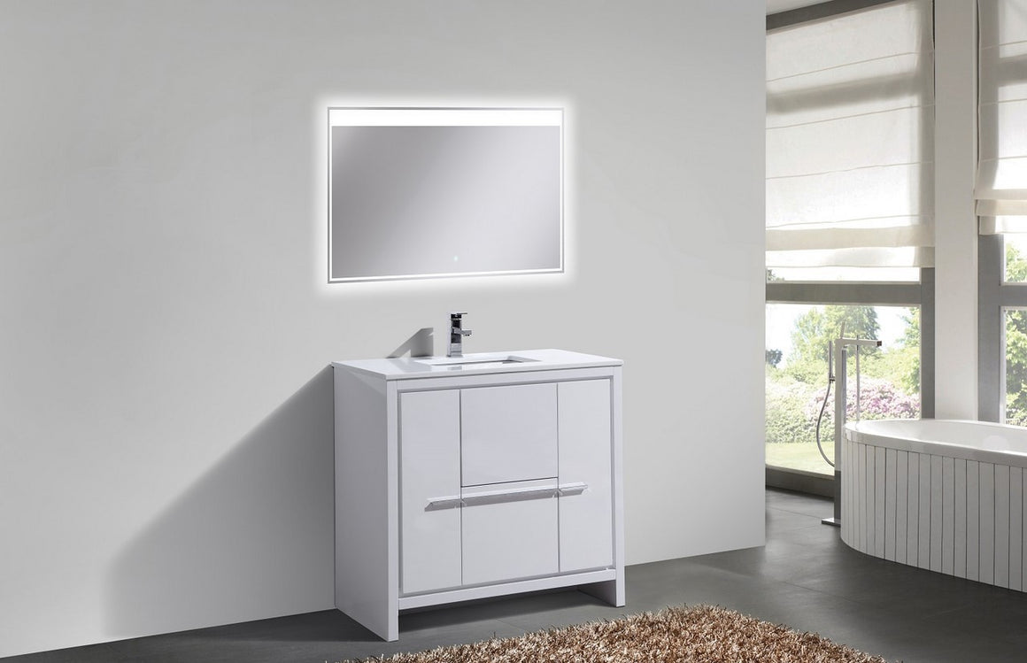 KubeBath Dolce 36″ High Gloss White Modern Bathroom Vanity with White Quartz Counter-Top