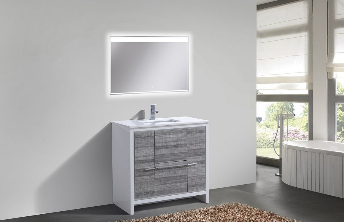 KubeBath Dolce 36″ Ash Gray Modern Bathroom Vanity with White Quartz Counter-Top