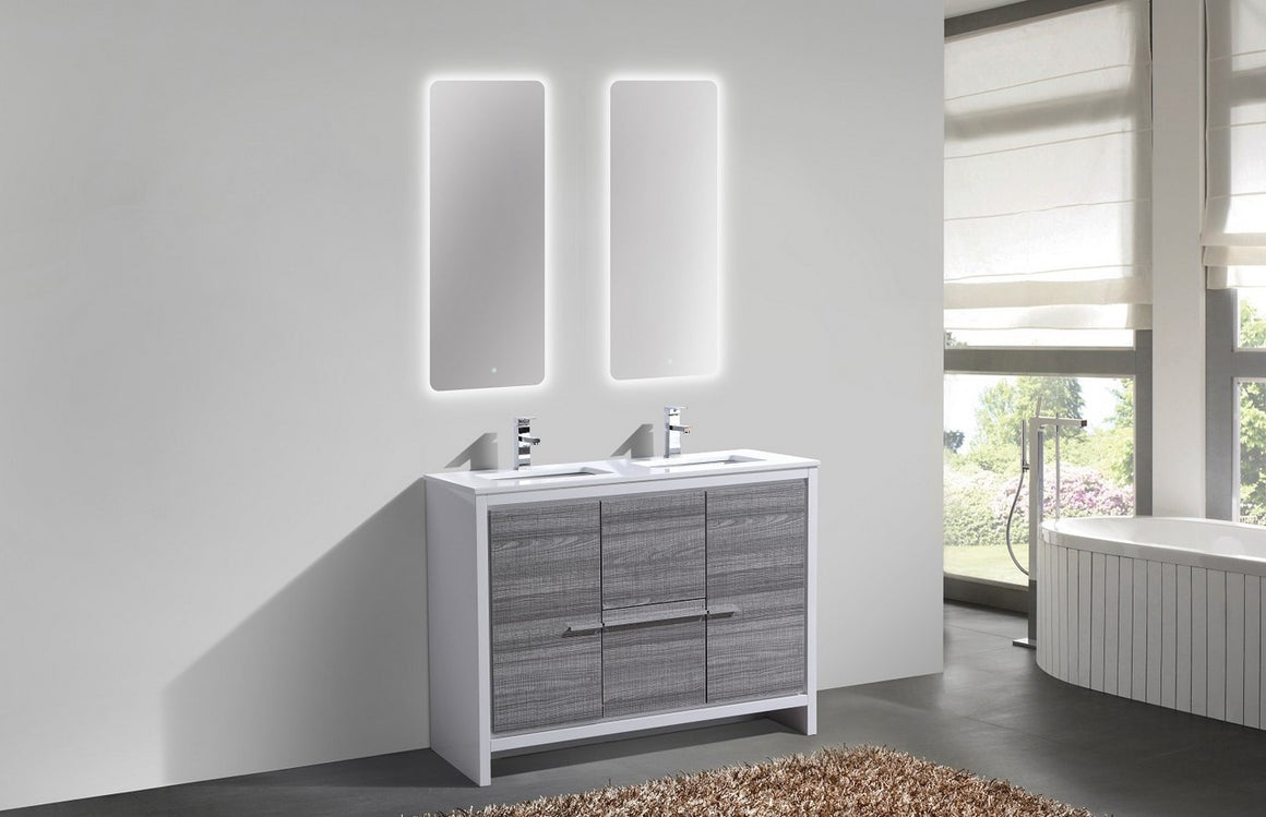 KubeBath Dolce 48″ Double Sink Ash Gray Modern Bathroom Vanity with White Quartz Counter-Top