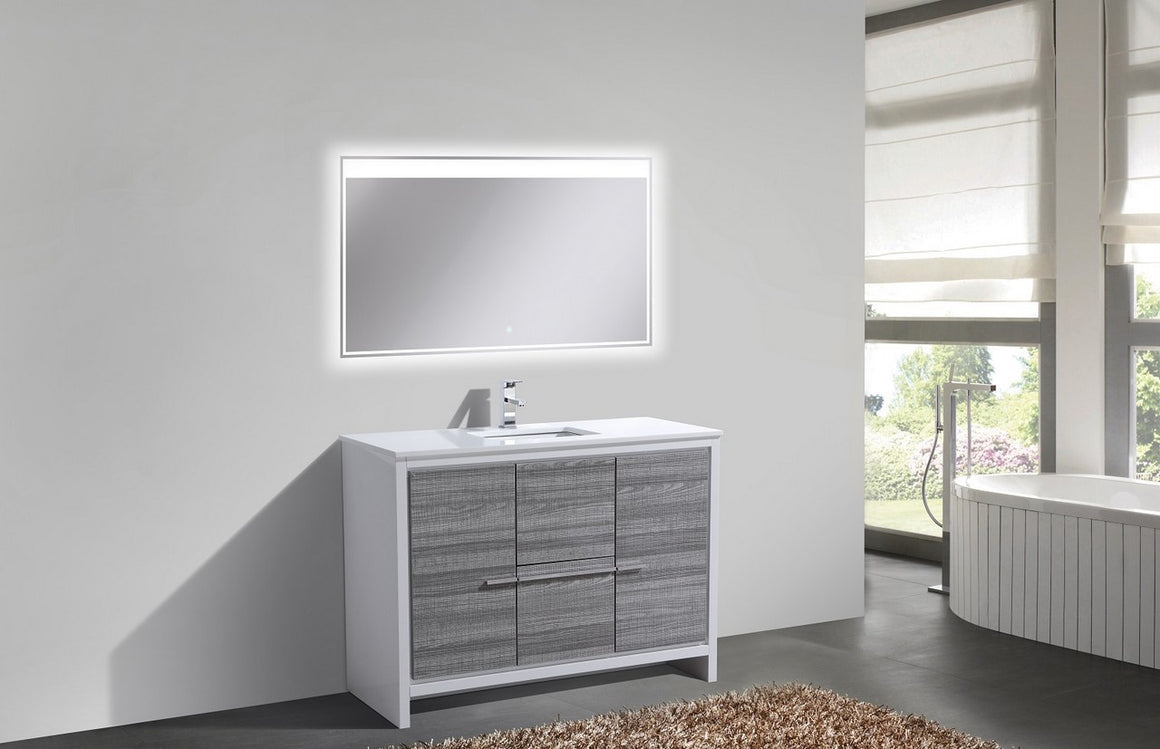 KubeBath Dolce 48″ Ash Gray Modern Bathroom Vanity with White Quartz Counter-Top