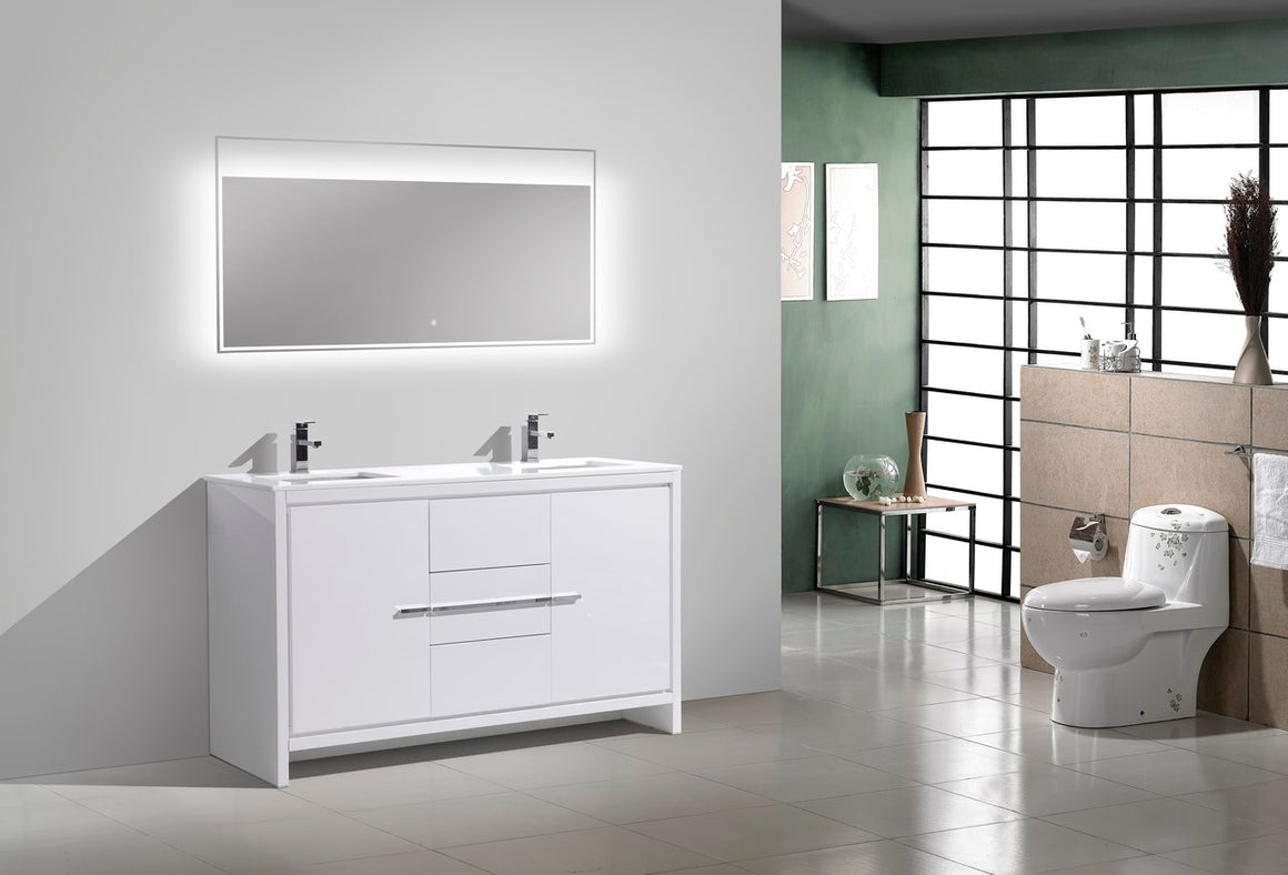 KubeBath Dolce 60″ Double Sink High Gloss White Modern Bathroom Vanity with White Quartz Counter-Top