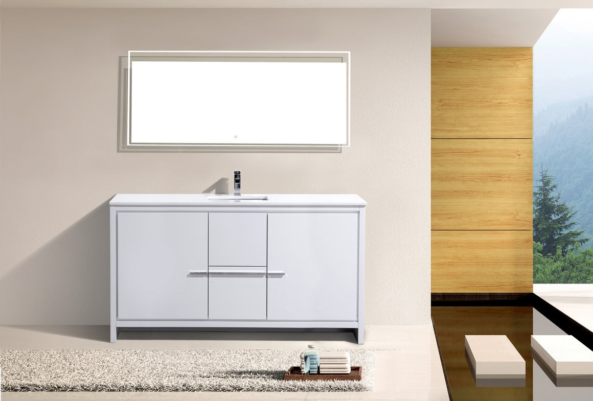 KubeBath Dolce 60″ High Gloss White Modern Bathroom Vanity with White Quartz Counter-Top