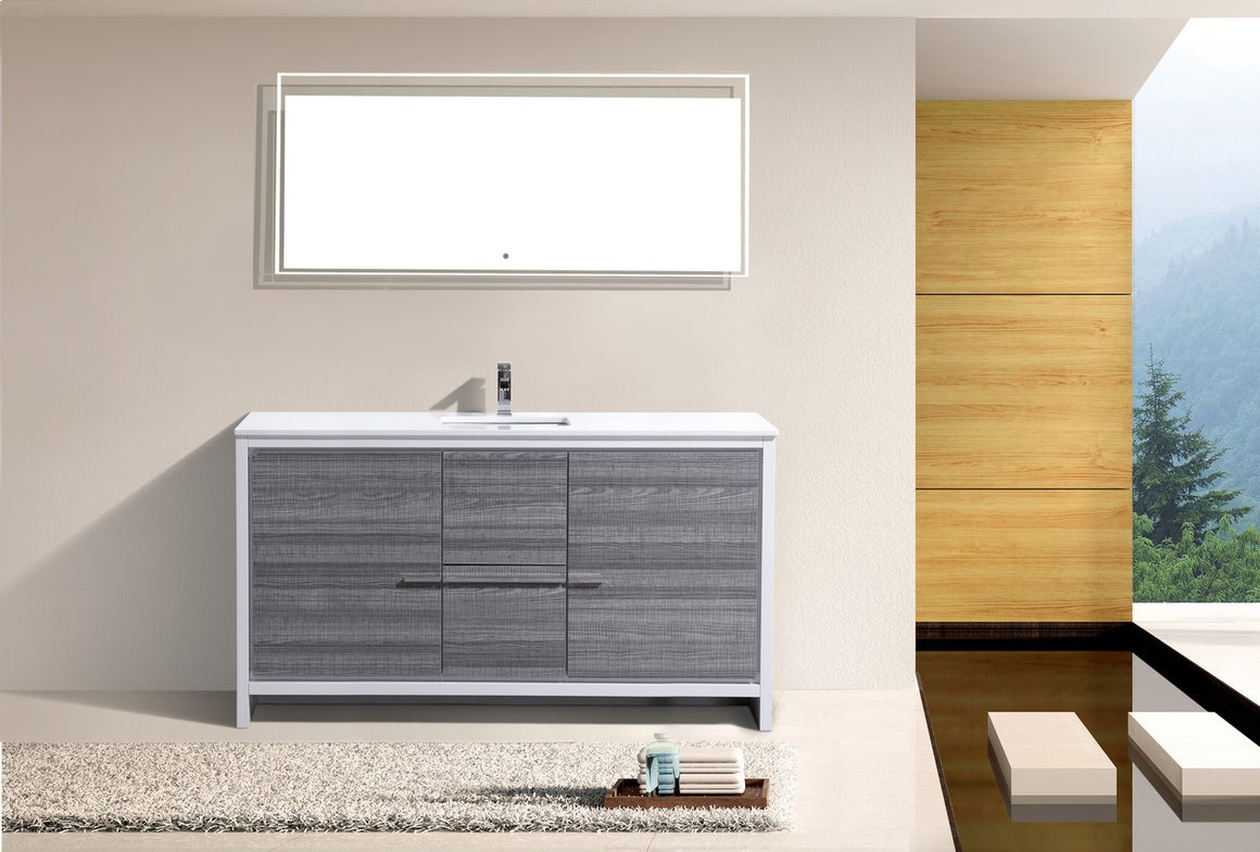 KubeBath Dolce 60″ Ash Gray Modern Bathroom Vanity with White Quartz Counter-Top