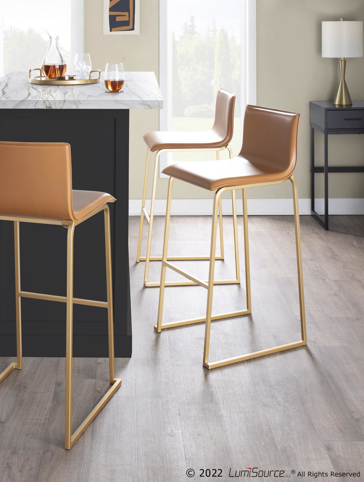 Mara Contemporary Barstool in Gold Steel and Camel Faux Leather by LumiSource - Set of 2