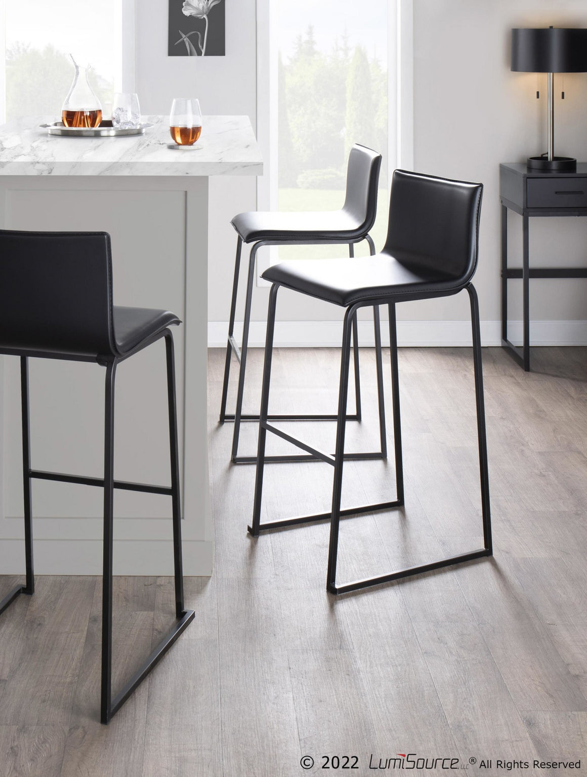 Mara Contemporary Barstool in Black Steel and Black Faux Leather by LumiSource - Set of 2