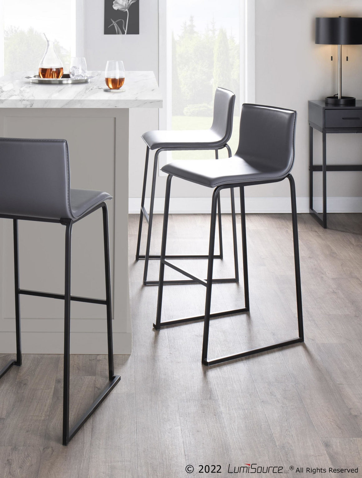 Mara Contemporary Barstool in Black Steel and Grey Faux Leather by LumiSource - Set of 2