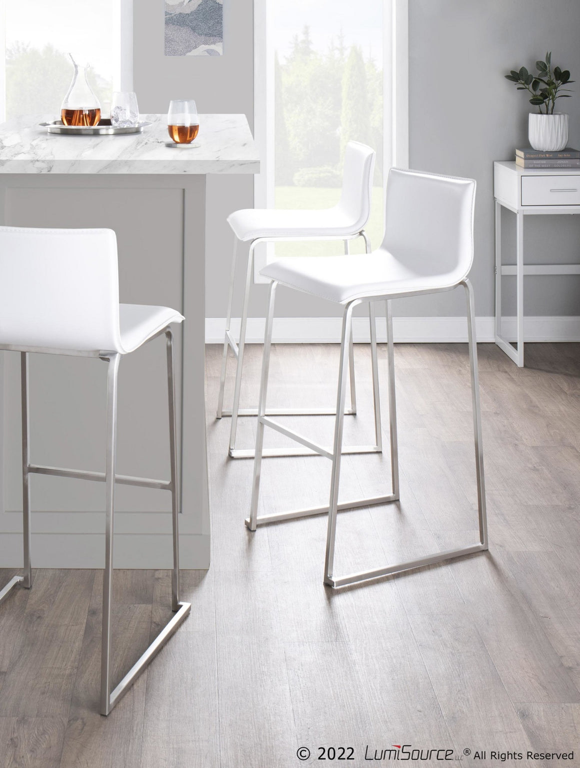 Mara Contemporary Barstool in Stainless Steel and White Faux Leather by LumiSource - Set of 2