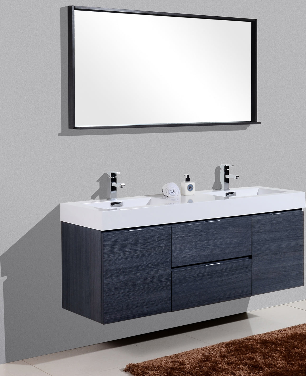 Bliss 60" Double Sink Gray Oak Wall Mount Modern Bathroom Vanity