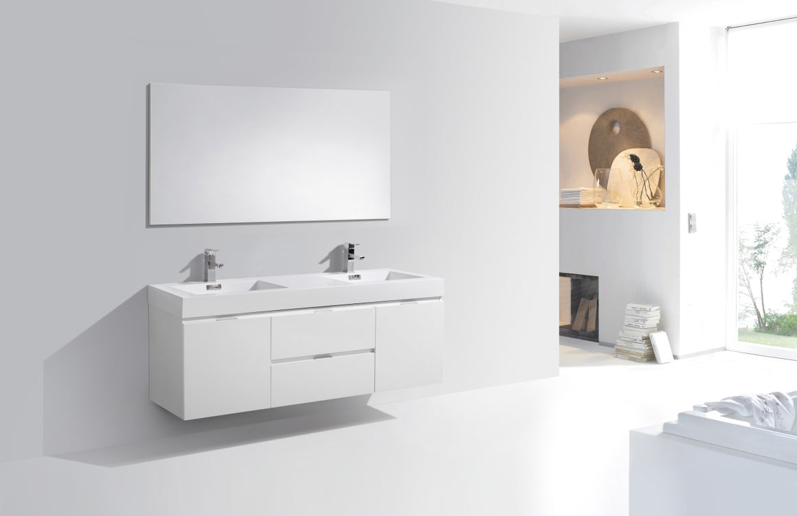 Bliss 60" Double Sink High Gloss White Wall Mount Modern Bathroom Vanity