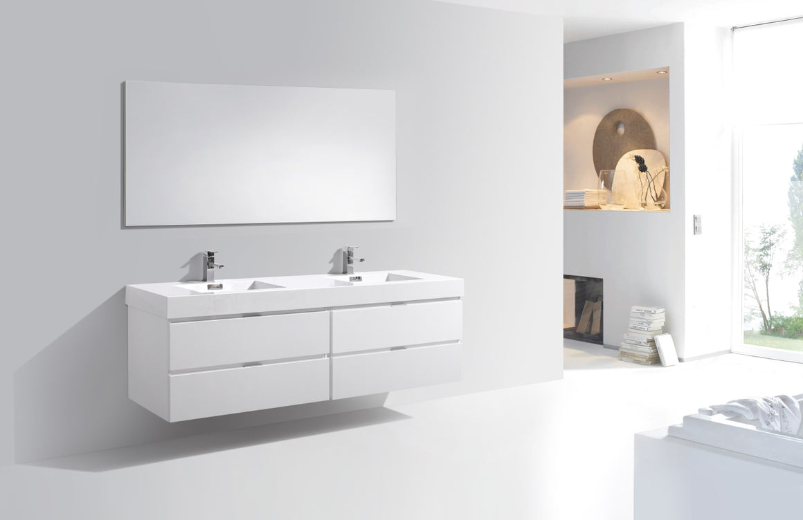 Bliss 72" Double Sink High Gloss White Wall Mount Modern Bathroom Vanity