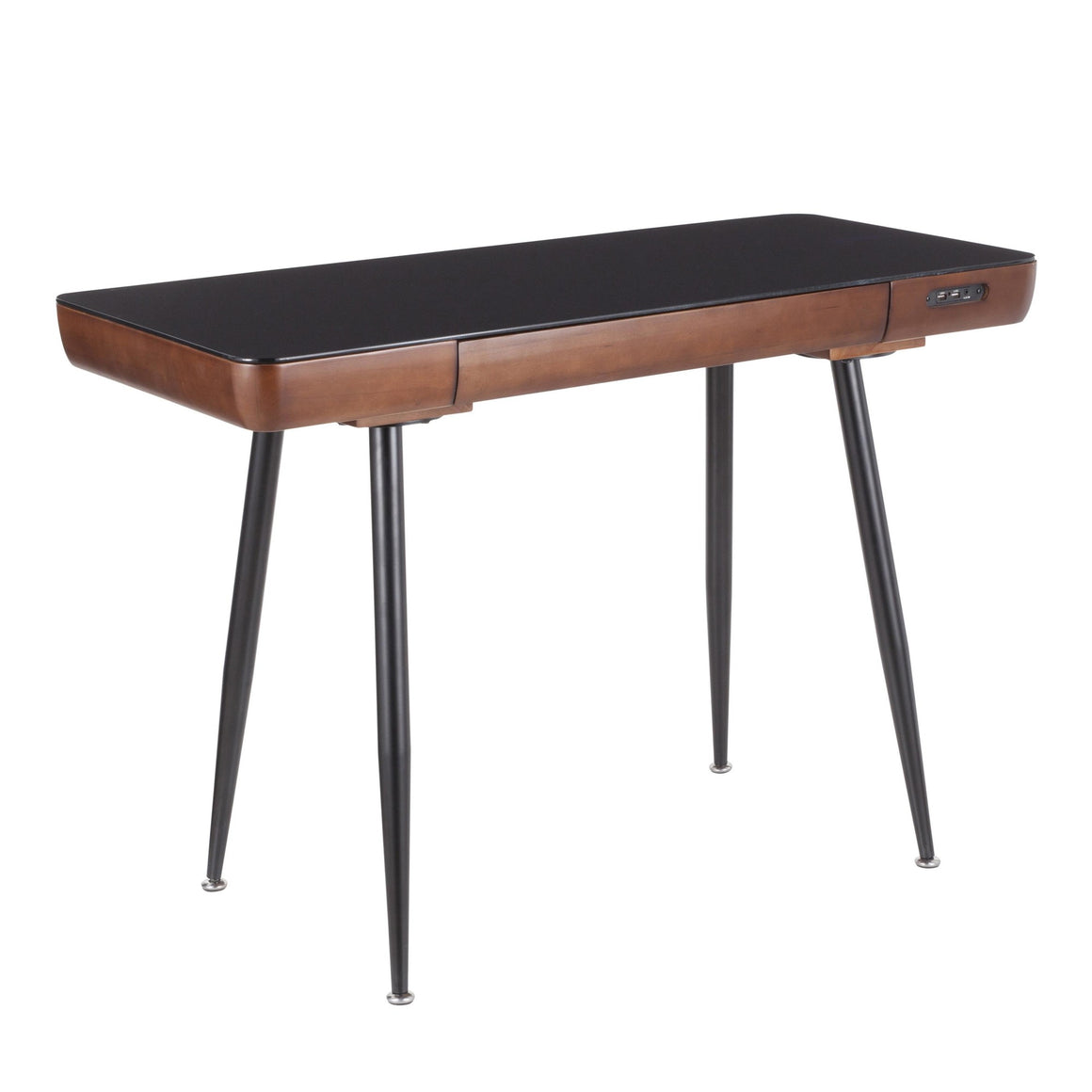 Boom Mid-Century Modern Desk in Black Metal with a Walnut Wood Top and Black Tempered Glass by LumiSource