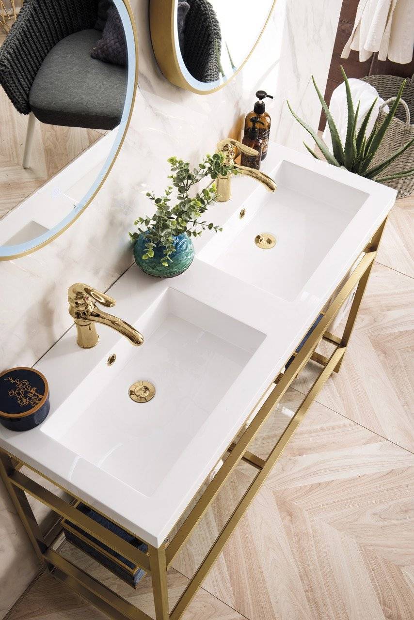 Boston 47" Stainless Steel Sink Console (Double Basins), Radiant Gold w/ Storage Cabinet, White Glossy Resin Countertop