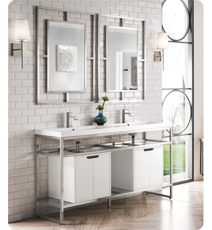 Boston 63" Stainless Steel Sink Console (Double Basins), Brushed Nickel w/ Storage Cabinet, White Glossy Resin Countertop