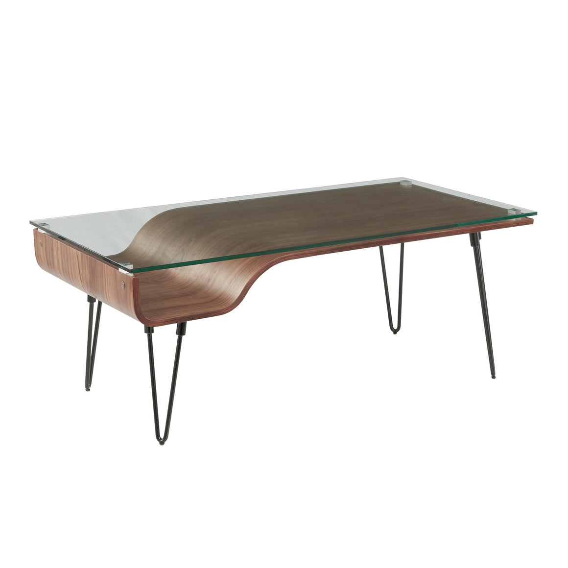 Avery Mid-Century Modern Coffee Table in Walnut Wood, Clear Glass, and Black Metal by Lumisource