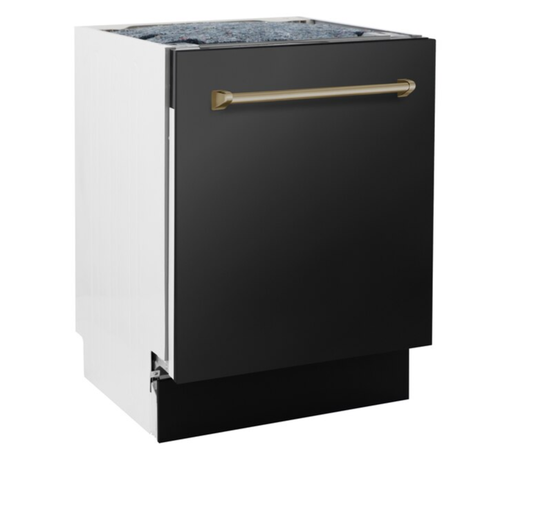 ZLINE Autograph Edition 24" 3rd Rack Top Control Tall Tub Dishwasher in Black Stainless Steel with Champagne Bronze Handle (DWVZ-BS-24-CB)