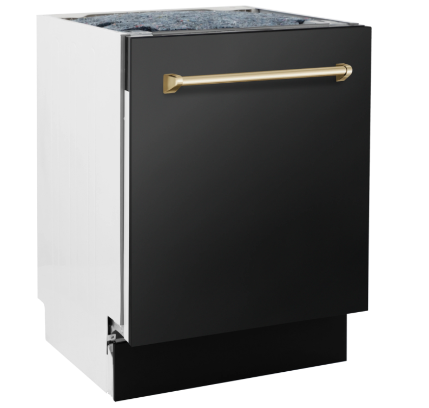 ZLINE Autograph Edition 24" 3rd Rack Top Control Tall Tub Dishwasher in Black Stainless Steel with Gold Handle (DWVZ-BS-24-G)