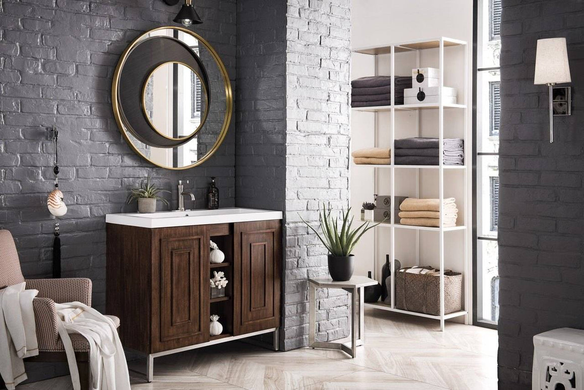 Alicante 39.5" Single Vanity Cabinet, Mid Century Acacia, Brushed Nickel w/White Glossy Resin Countertop