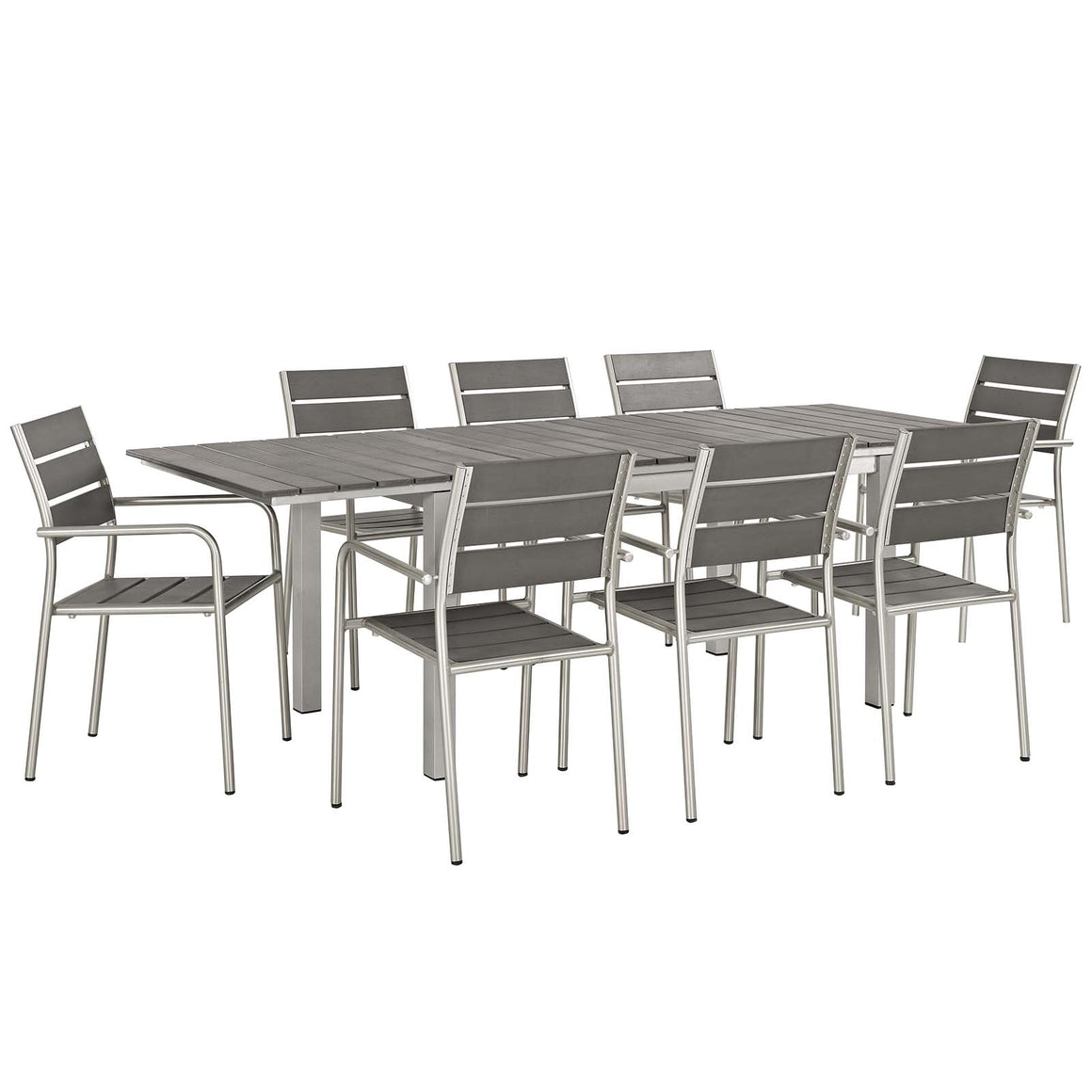 Shore 9 Piece Outdoor Patio Aluminum Outdoor Dining Set In Silver Gray