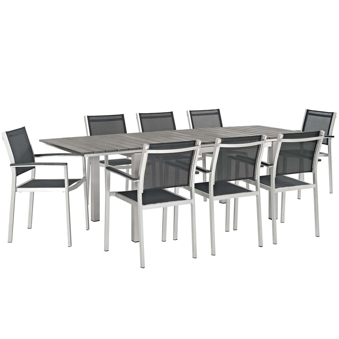 Shore 9 Piece Outdoor Patio Aluminum Outdoor Dining Set In Silver Black