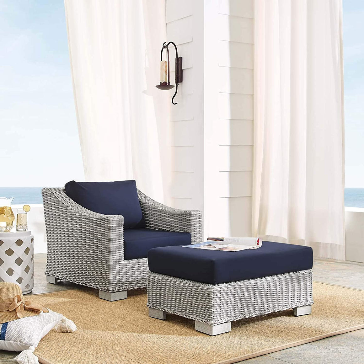 Conway Sunbrella® Outdoor Patio Wicker Rattan 2-Piece Armchair and Ottoman Set