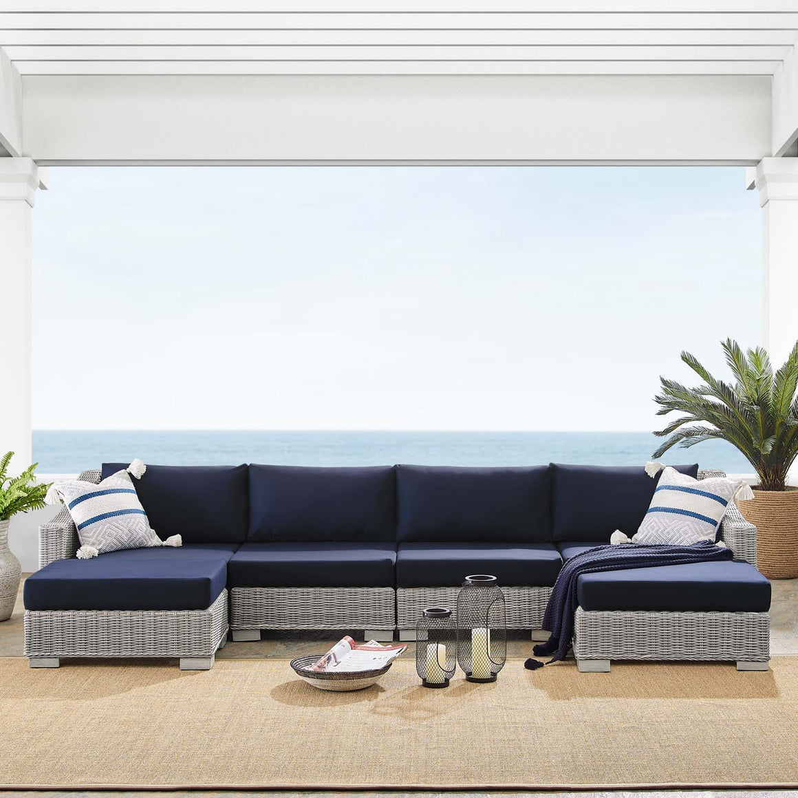 Conway Sunbrella® Outdoor Patio Wicker Rattan 6-Piece Furniture Set in Light Gray White