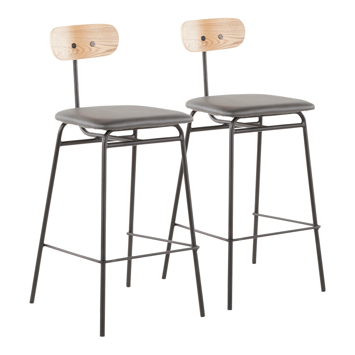 Elio Contemporary Counter Stool in Black Metal, Grey Faux Leather and Natural Wood by LumiSource - Set of 2