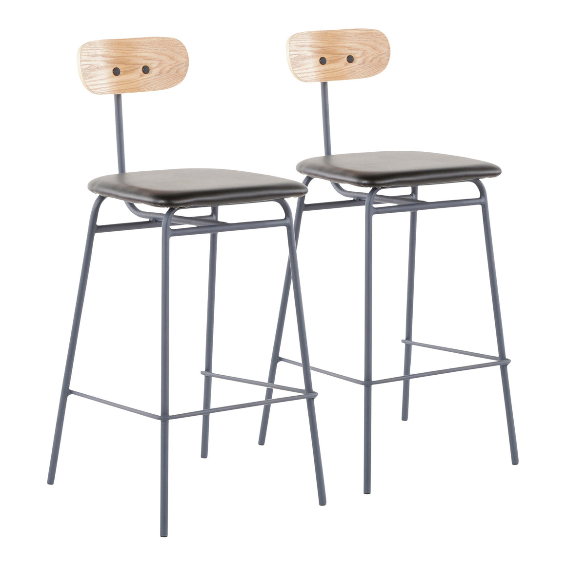 Elio Contemporary Counter Stool in Grey Metal, Black Faux Leather and Natural Wood by LumiSource - Set of 2