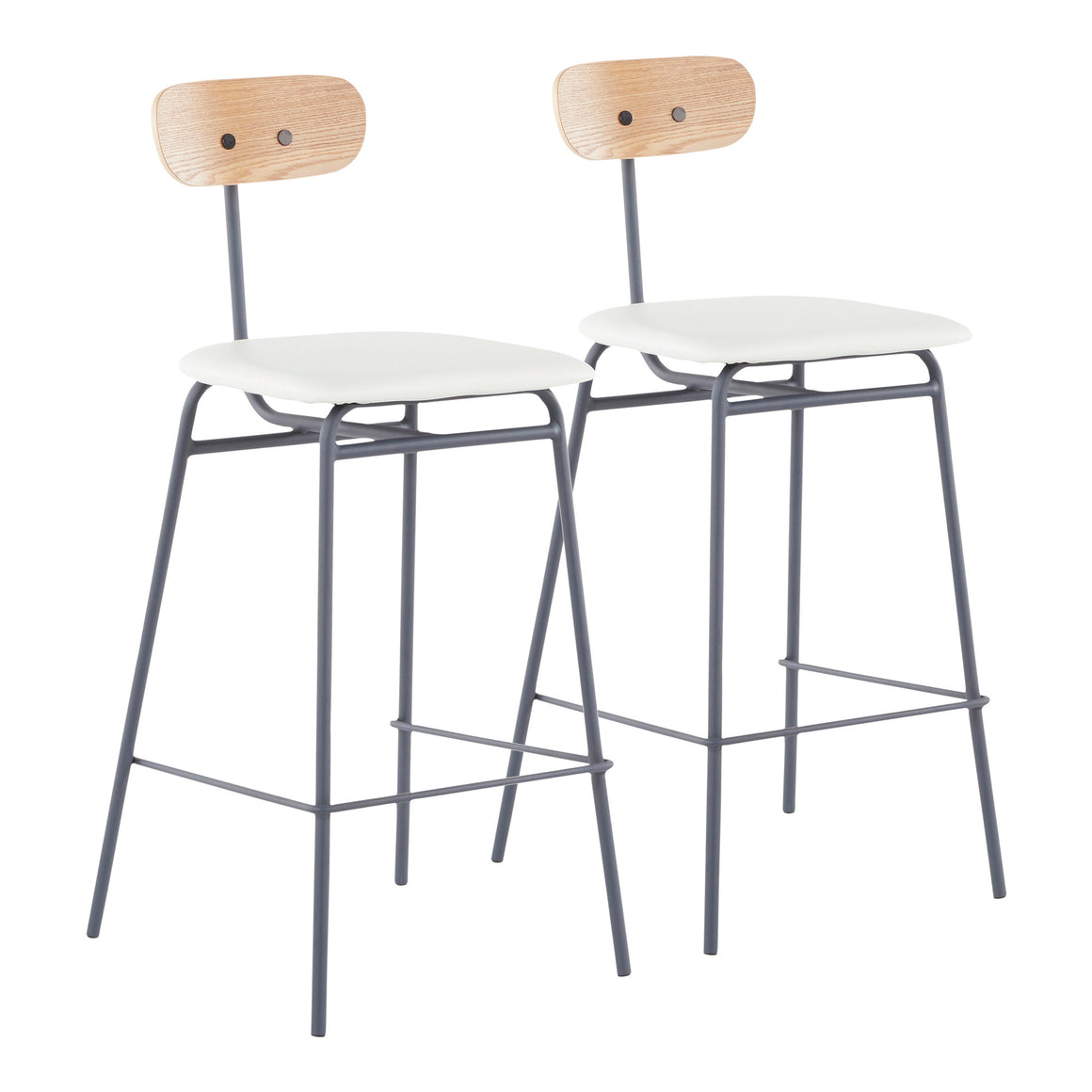 Elio Contemporary Counter Stool in Grey Metal, White Faux Leather and Natural Wood by LumiSource - Set of 2