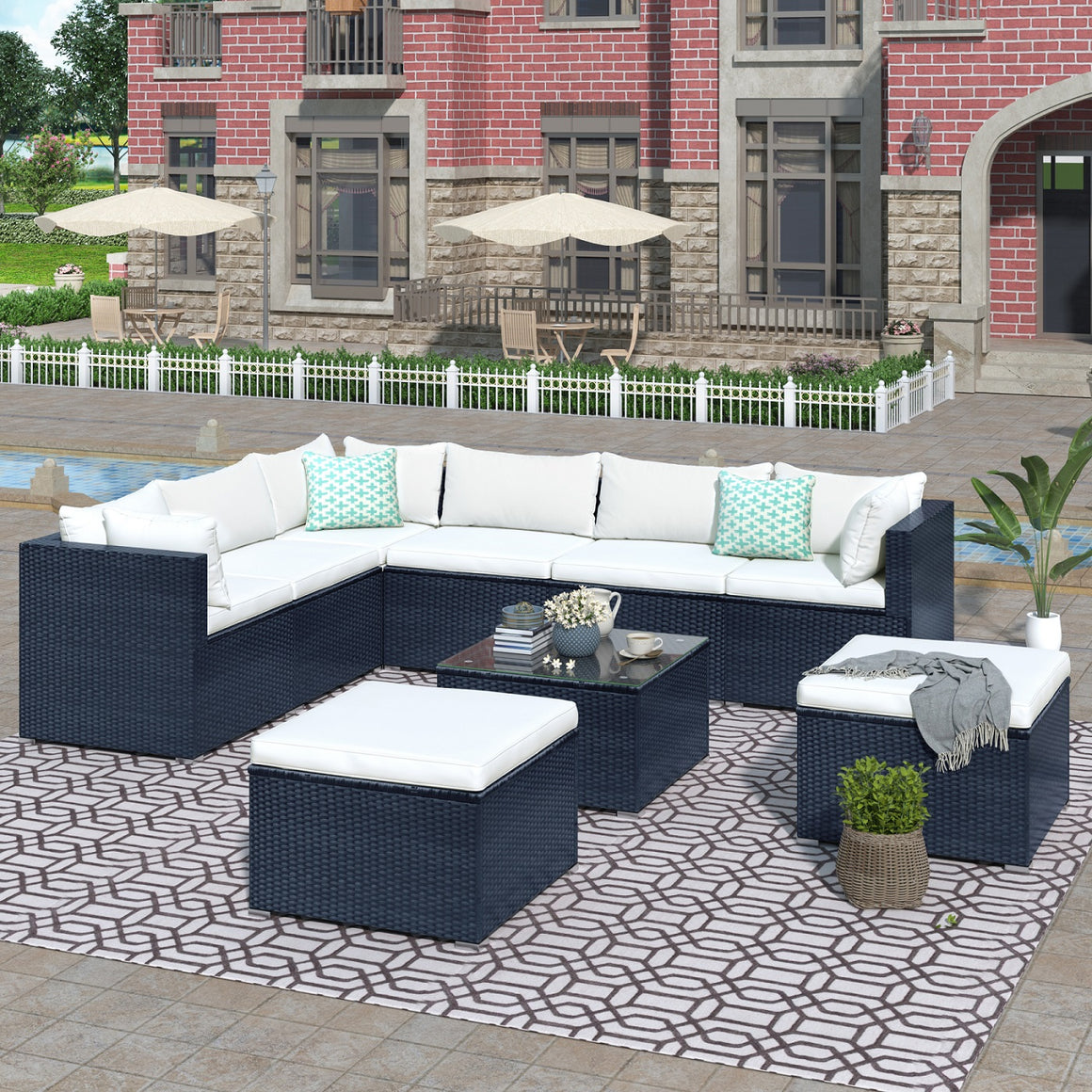 9-Piece Outdoor Patio Wicker Rattan Conversation Sectional Sofa Set