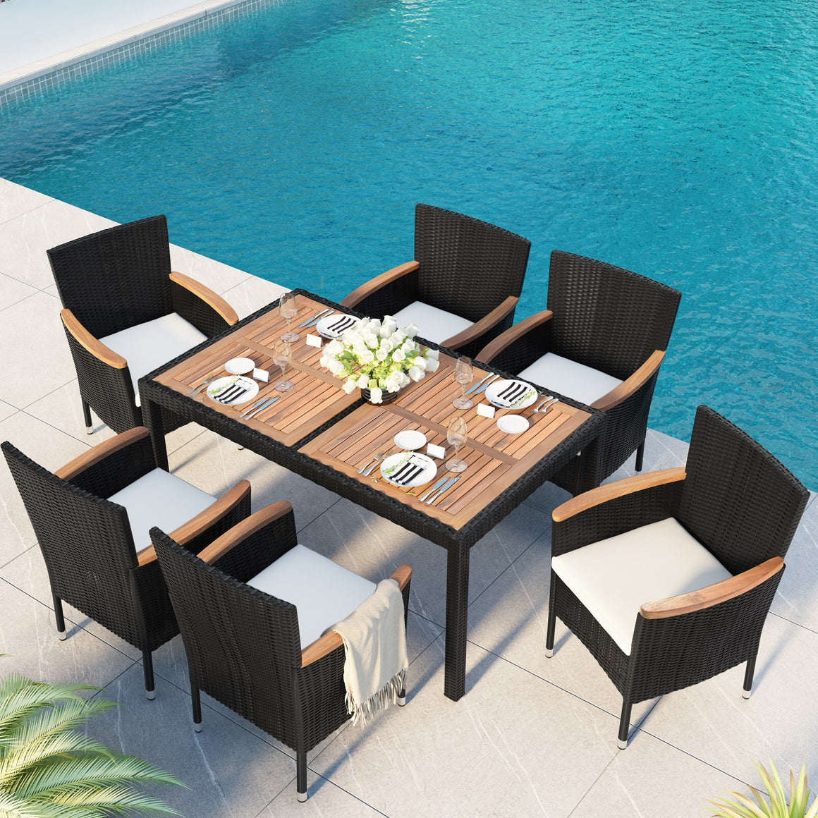 7-Piece Outdoor Patio Dining Set with Wicker Rattan Armchairs and Acacia Wood Tabletop
