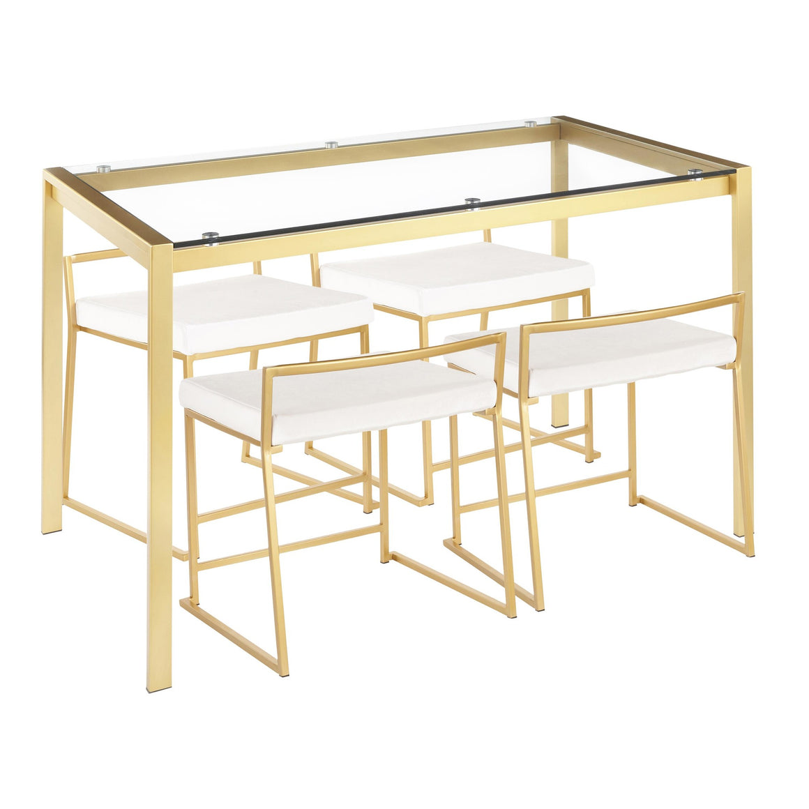 Fuji 5-Piece Contemporary/Glam Dining Set in Gold Metal, Clear Tempered Glass and White Velvet Fabric by LumiSource
