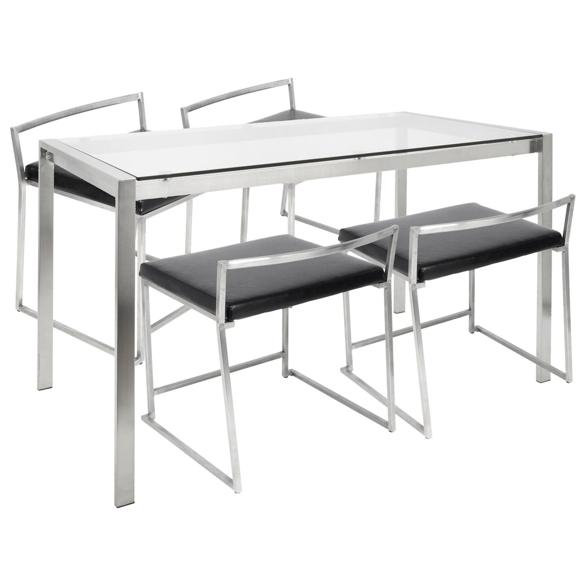 Fuji 5-Piece Contemporary Dining Set in Stainless Steel and Black Faux Leather by LumiSource