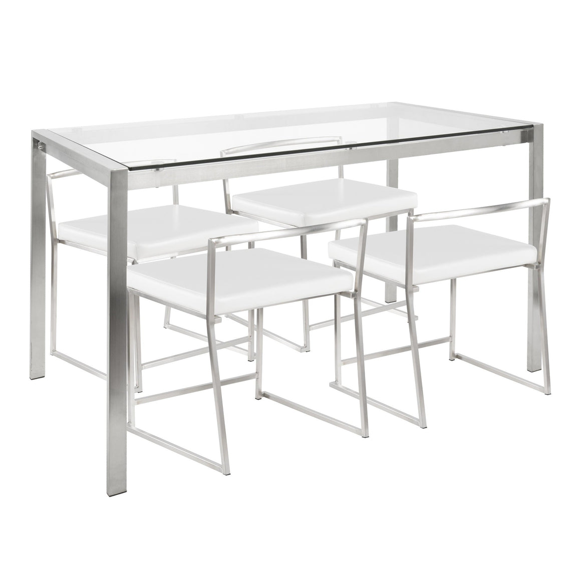 Fuji 5-Piece Contemporary Dining Set in Stainless Steel and White Faux Leather by LumiSource