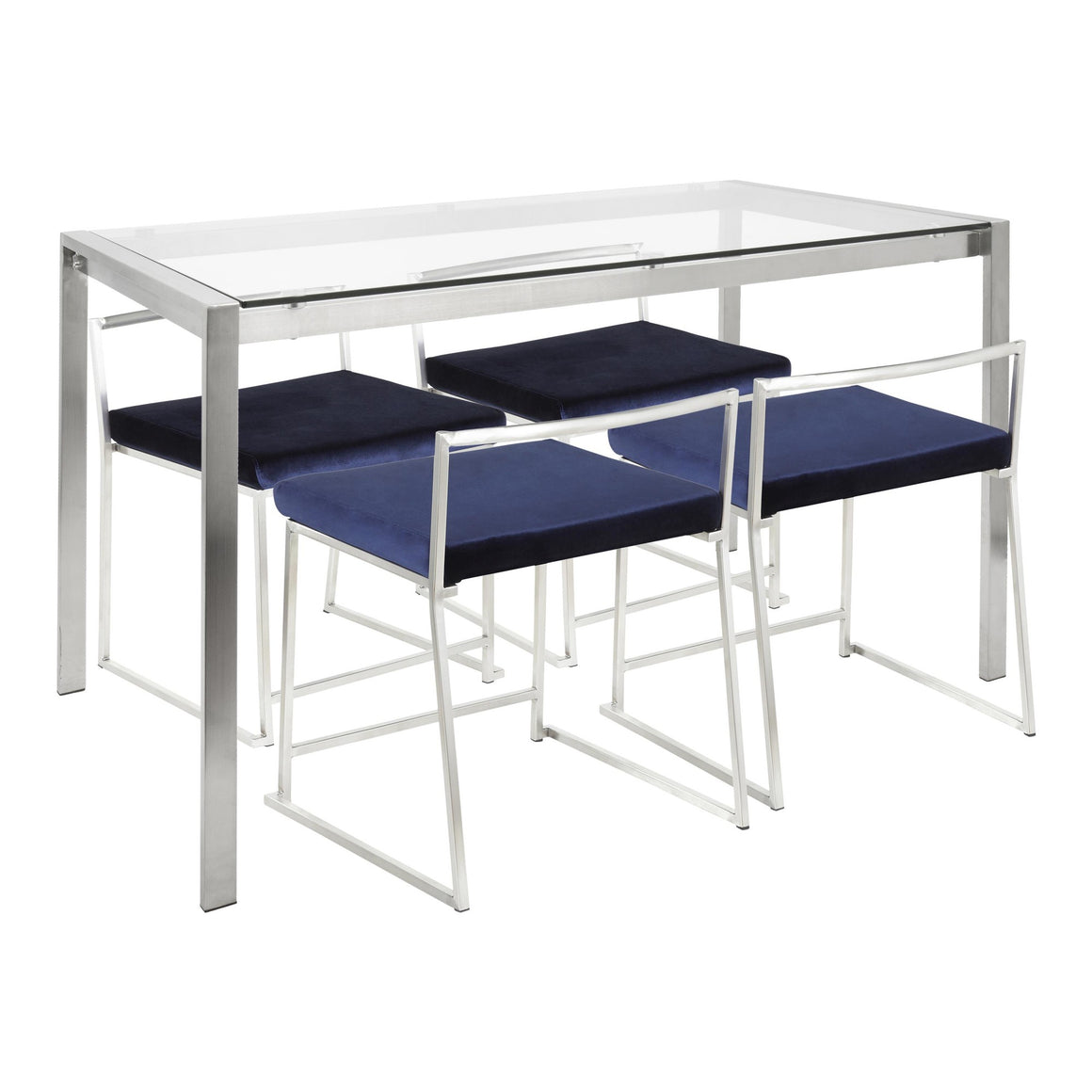 Fuji 5-Piece Contemporary Dining Set in Stainless Steel and Blue Velvet Fabric by LumiSource