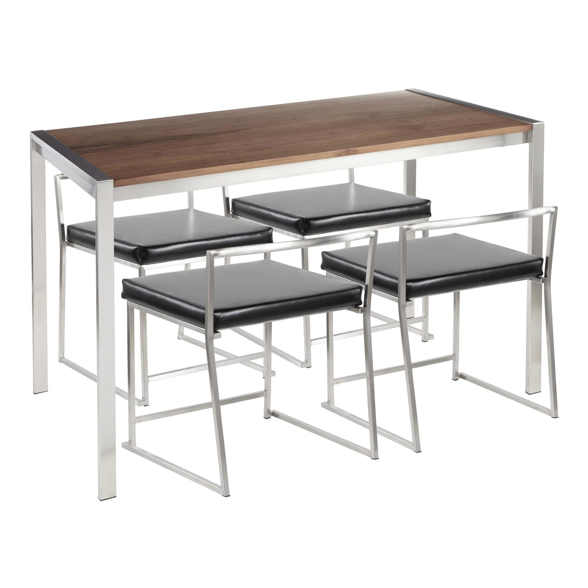 Fuji 5-Piece Contemporary Dining Set in Stainless Steel, Walnut Wood and Black Faux Leather by LumiSource