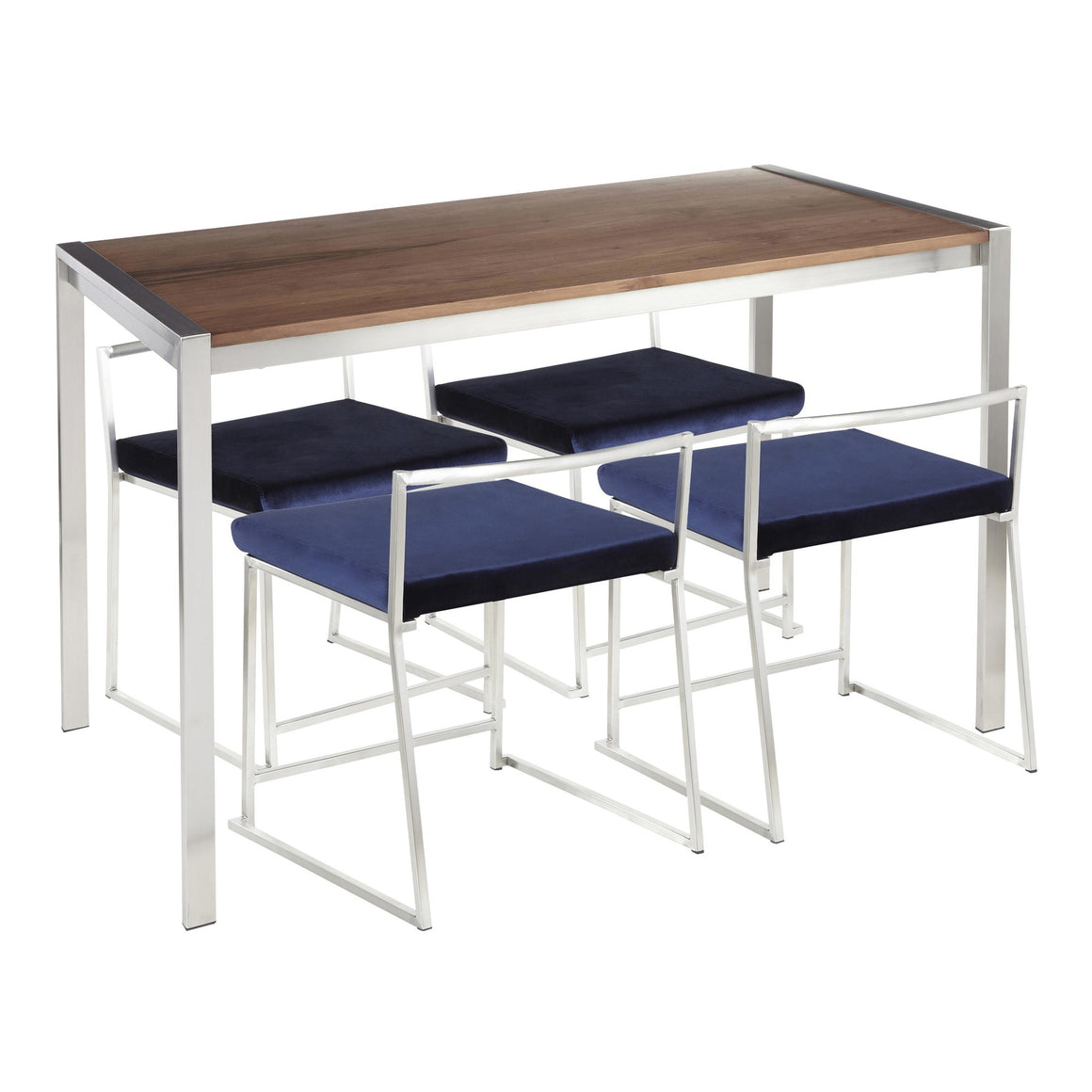 Fuji 5-Piece Contemporary Dining Set in Stainless Steel, Walnut Wood and Blue Velvet Fabric by LumiSource