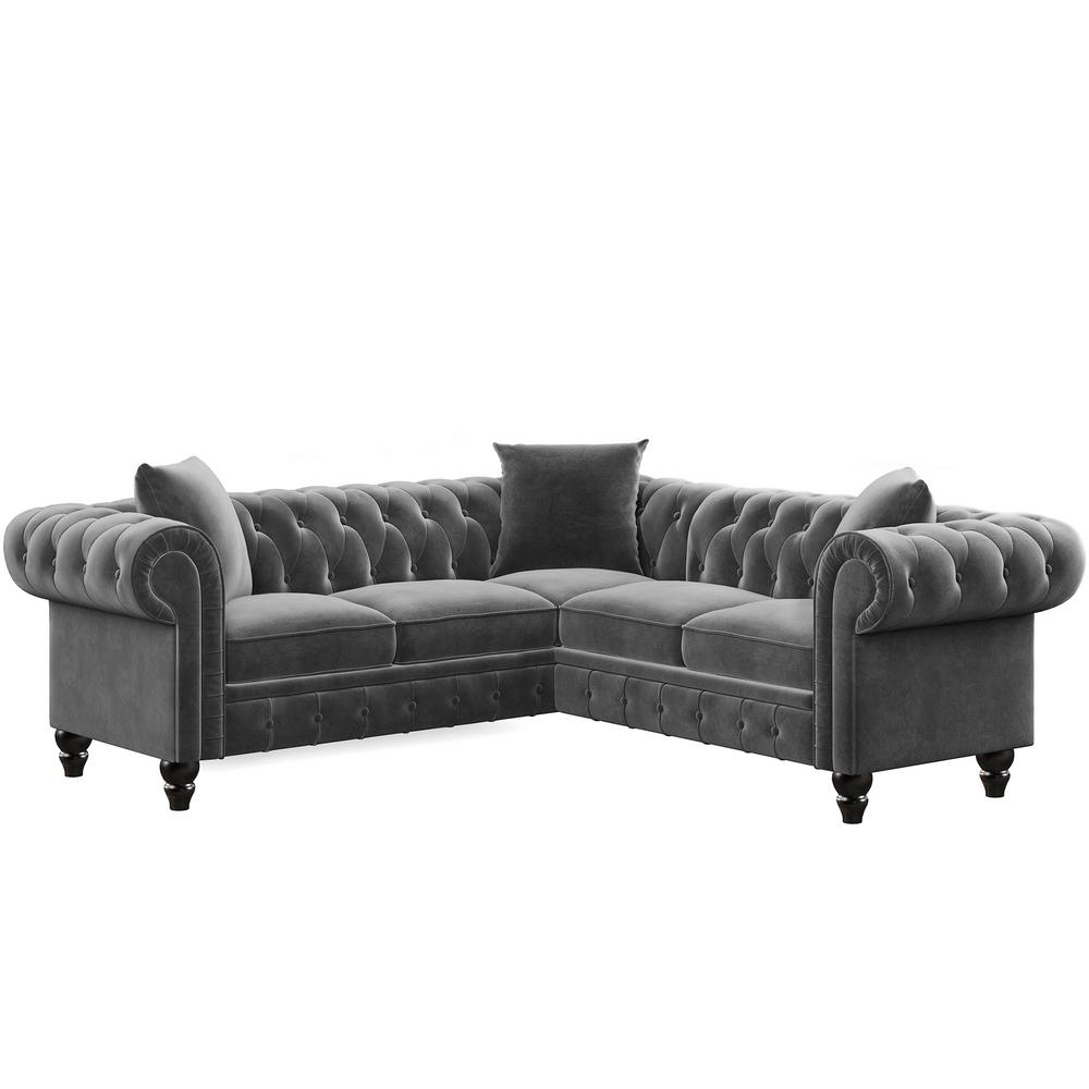 80 in. Chesterfield Gray Tufted Velvet Upholstered Solid Wood 5-Seat Sectional Sofa with Nailhead Accents