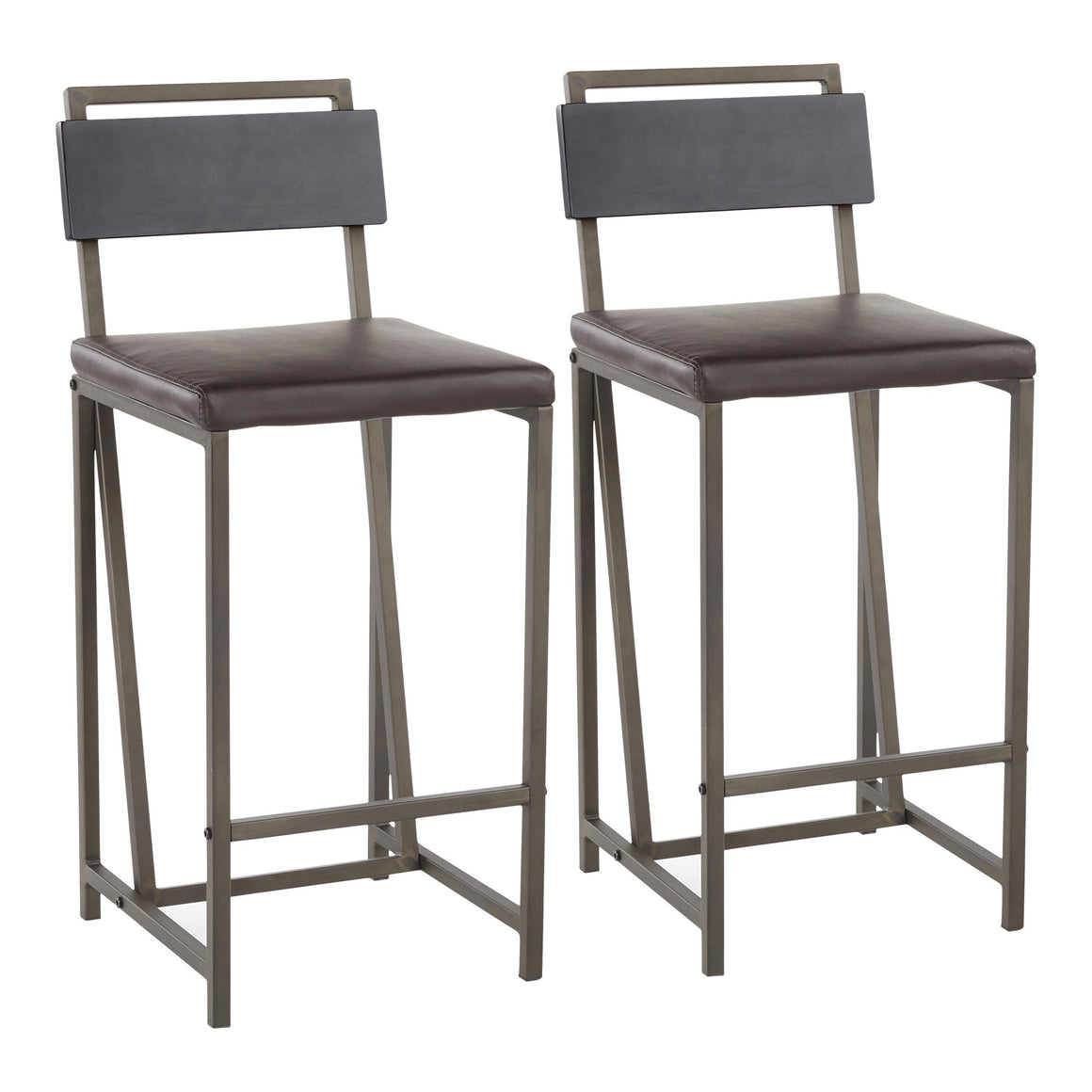 Gia Industrial Counter Stool in Antique Metal with Espresso Faux Leather and Black Wood Accent by LumiSource - Set of 2