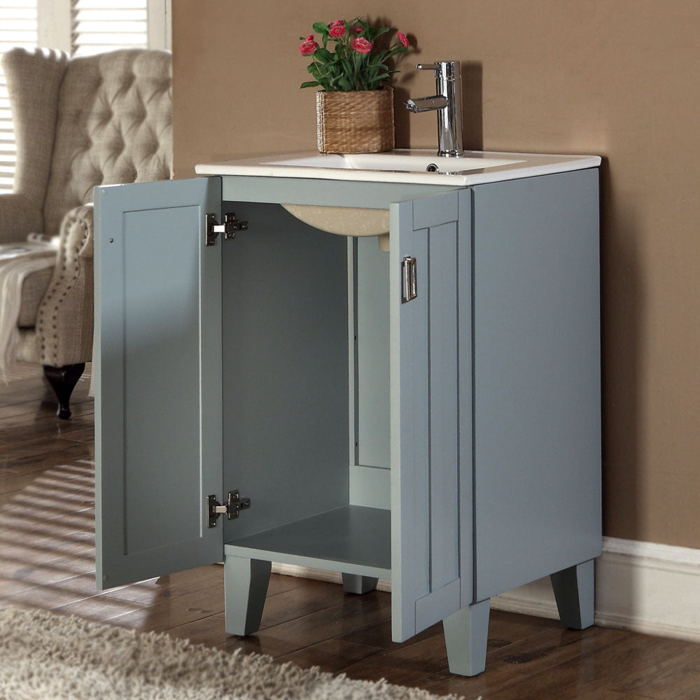 24" Country Style Bath Vanity with Ceramic Top and Integrated Sink in Grey Blue Finish