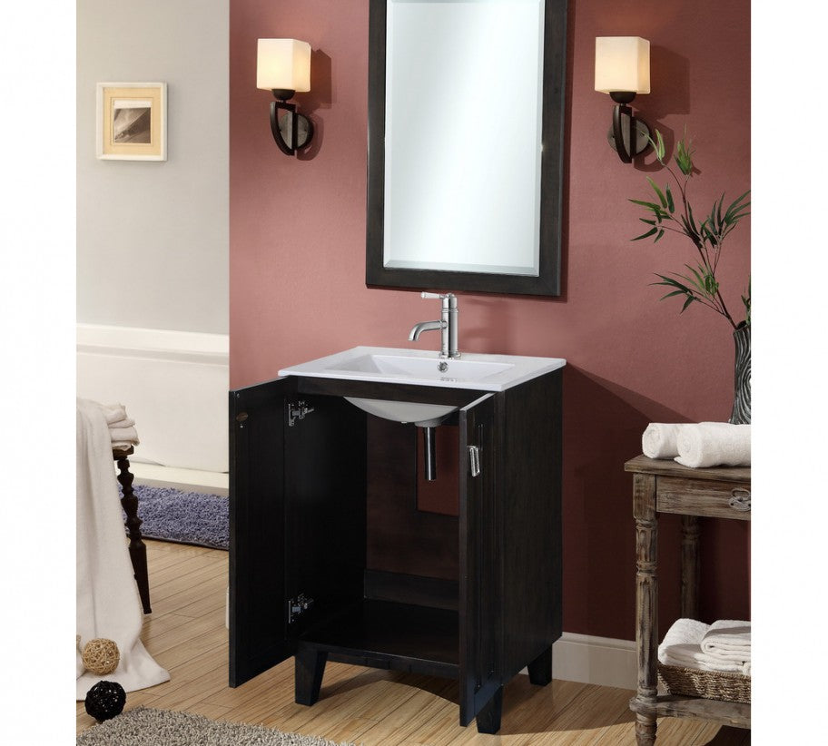 24" Country Style Bath Vanity with Ceramic Top and Integrated Sink in Dark Brown Finish